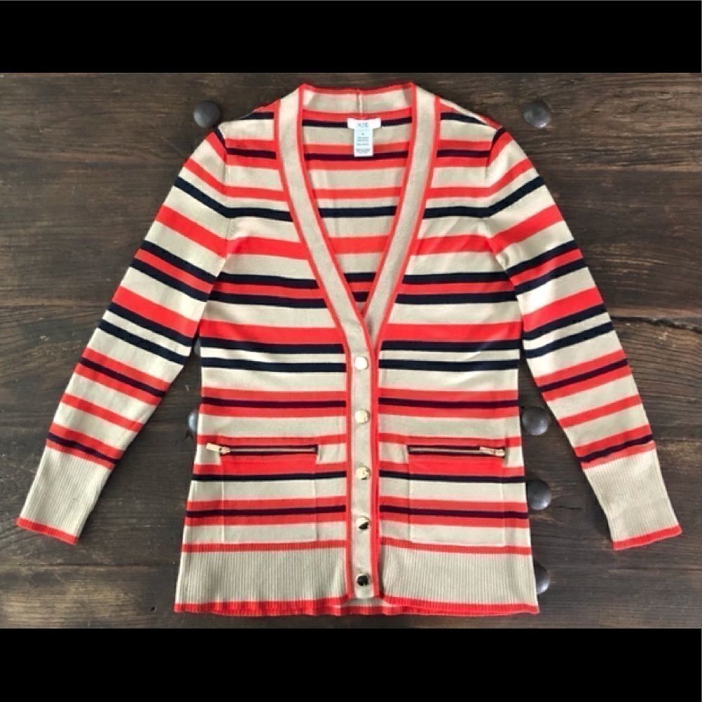 Cache V Neck Stripe Button Up Cardigan Sweater